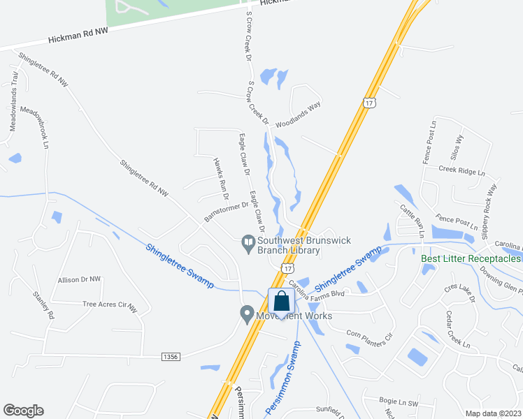 map of restaurants, bars, coffee shops, grocery stores, and more near 235 Woodlands Way in Calabash