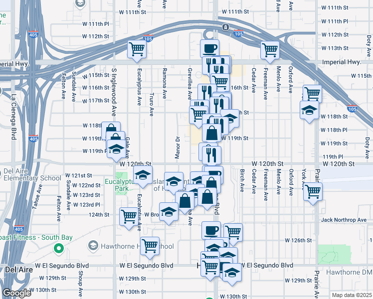 map of restaurants, bars, coffee shops, grocery stores, and more near 11943 Grevillea Avenue in Hawthorne