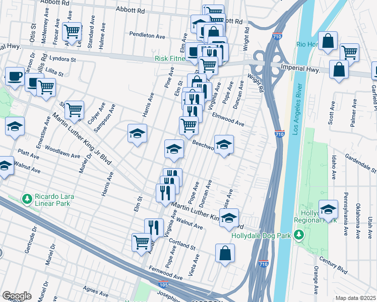 map of restaurants, bars, coffee shops, grocery stores, and more near 11214 Atlantic Avenue in Lynwood
