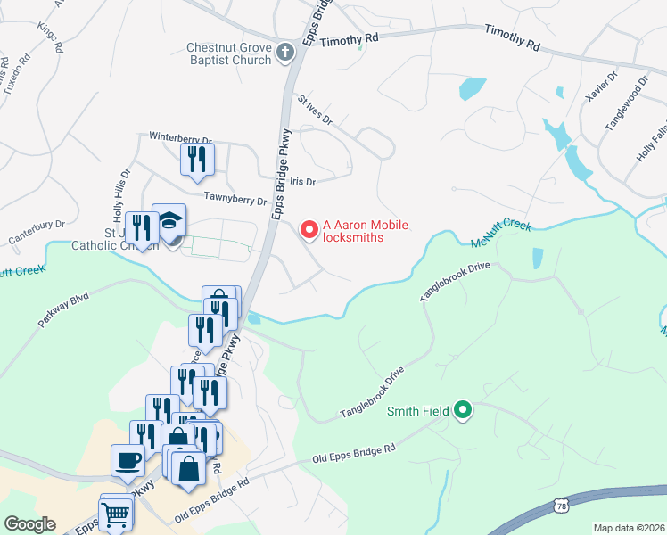 map of restaurants, bars, coffee shops, grocery stores, and more near 205 Ridgeview Drive in Athens