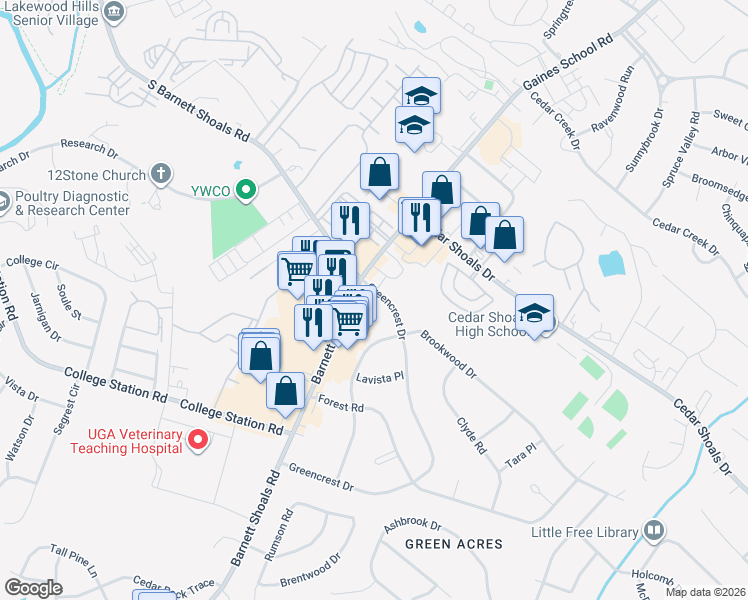 map of restaurants, bars, coffee shops, grocery stores, and more near 575 Greencrest Drive in Athens