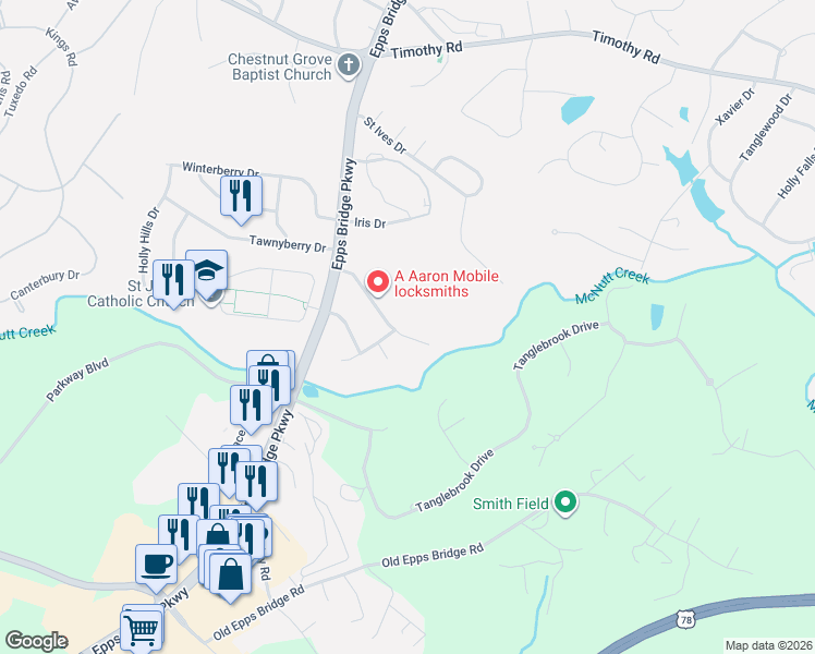 map of restaurants, bars, coffee shops, grocery stores, and more near 200 Ridgeview Drive in Athens