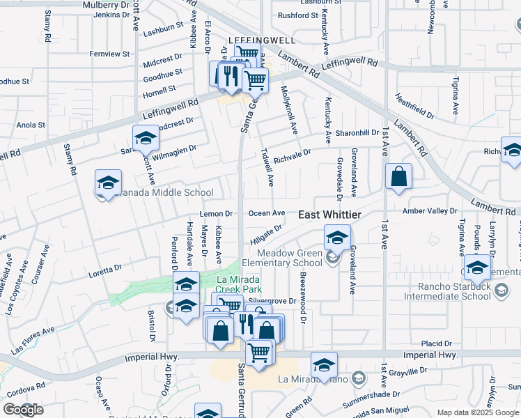map of restaurants, bars, coffee shops, grocery stores, and more near 15833 Ocean Avenue in Whittier