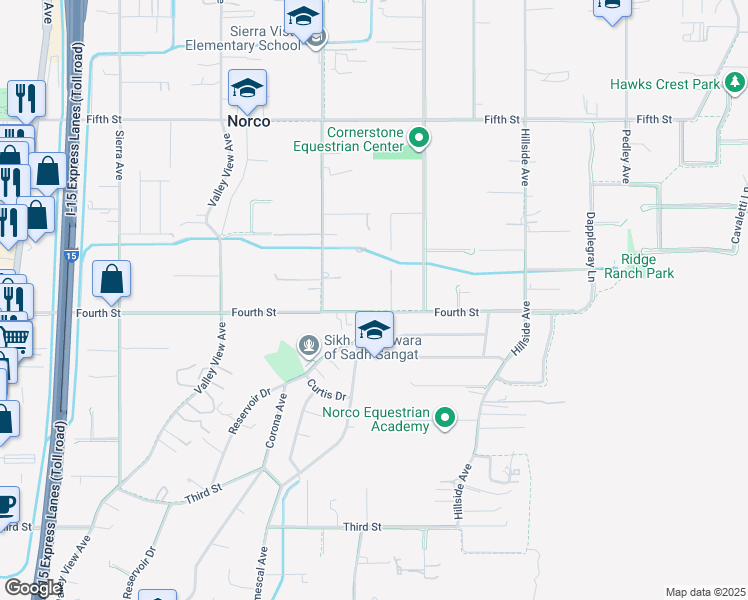 map of restaurants, bars, coffee shops, grocery stores, and more near 999 4th Street in Norco
