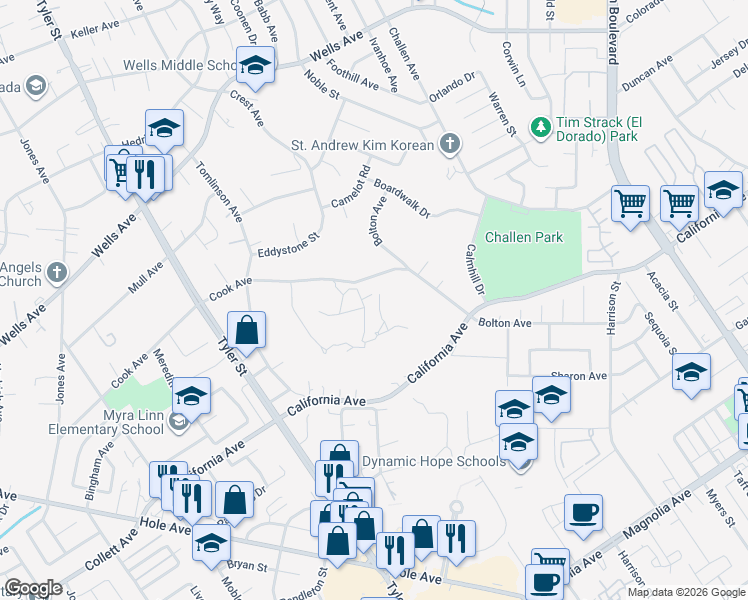 map of restaurants, bars, coffee shops, grocery stores, and more near 9910 Cook Ave in Riverside