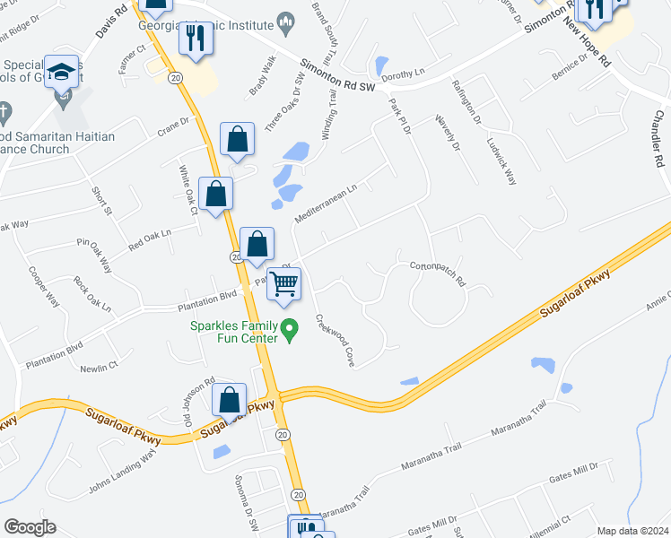 map of restaurants, bars, coffee shops, grocery stores, and more near 120 Cottonpatch Road in Lawrenceville