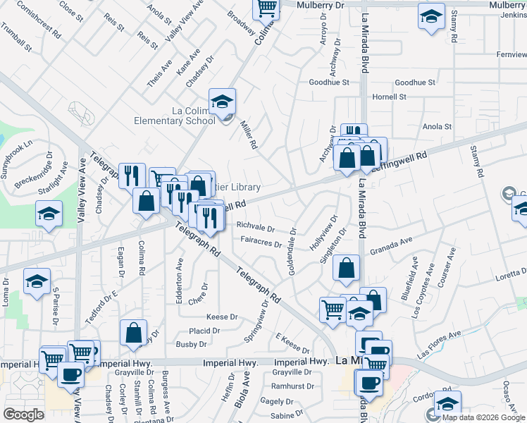 map of restaurants, bars, coffee shops, grocery stores, and more near 11718 Thermal Drive in La Mirada