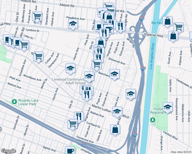 map of restaurants, bars, coffee shops, grocery stores, and more near 11214 Atlantic Avenue in Lynwood