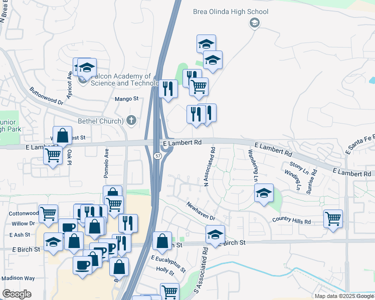 map of restaurants, bars, coffee shops, grocery stores, and more near 1800 East Lambert Road in Brea
