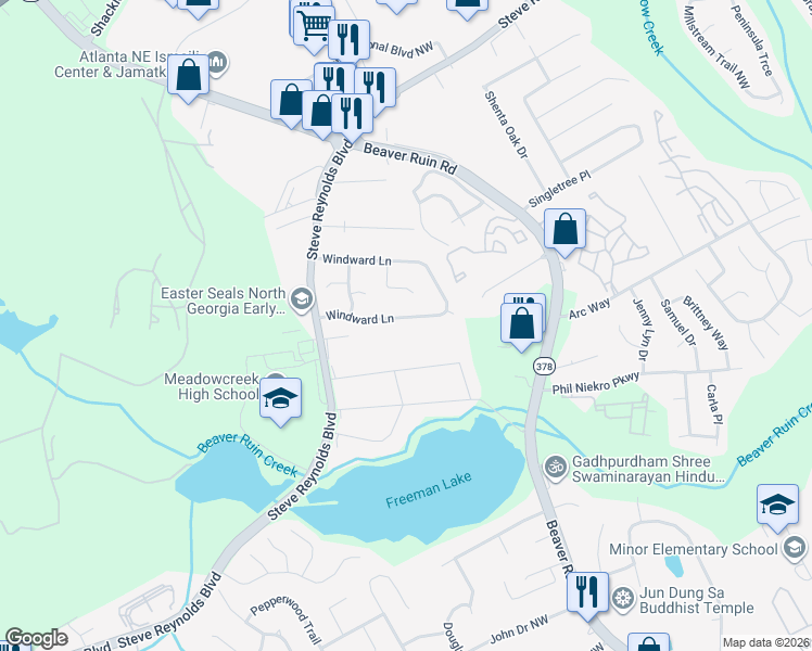map of restaurants, bars, coffee shops, grocery stores, and more near 4433 North Shore Lane in Norcross