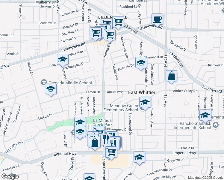 map of restaurants, bars, coffee shops, grocery stores, and more near 15833 Ocean Avenue in Whittier