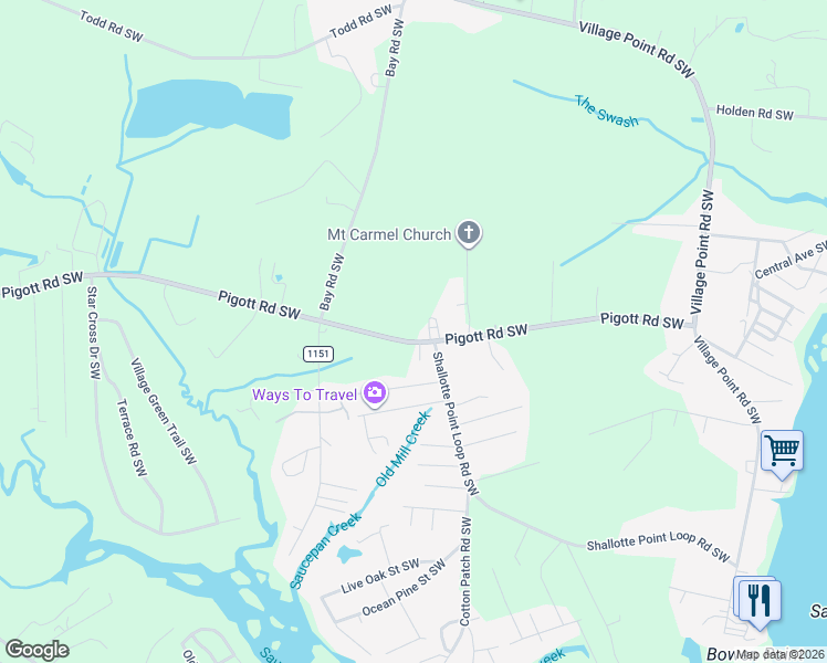 map of restaurants, bars, coffee shops, grocery stores, and more near 4313 Ashburn Street Southwest in Shallotte