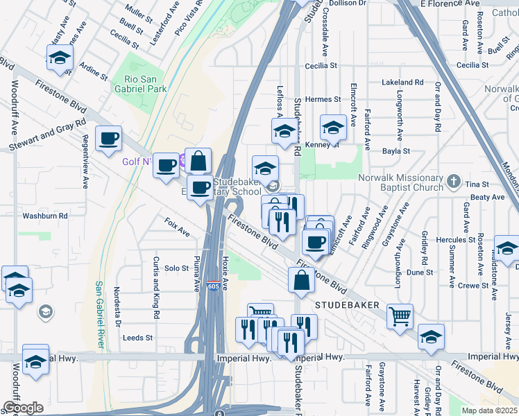 map of restaurants, bars, coffee shops, grocery stores, and more near 10853 Firestone Boulevard in Norwalk