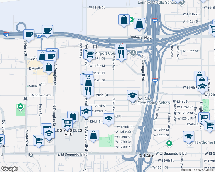 map of restaurants, bars, coffee shops, grocery stores, and more near 5425 West 119th Place in Inglewood