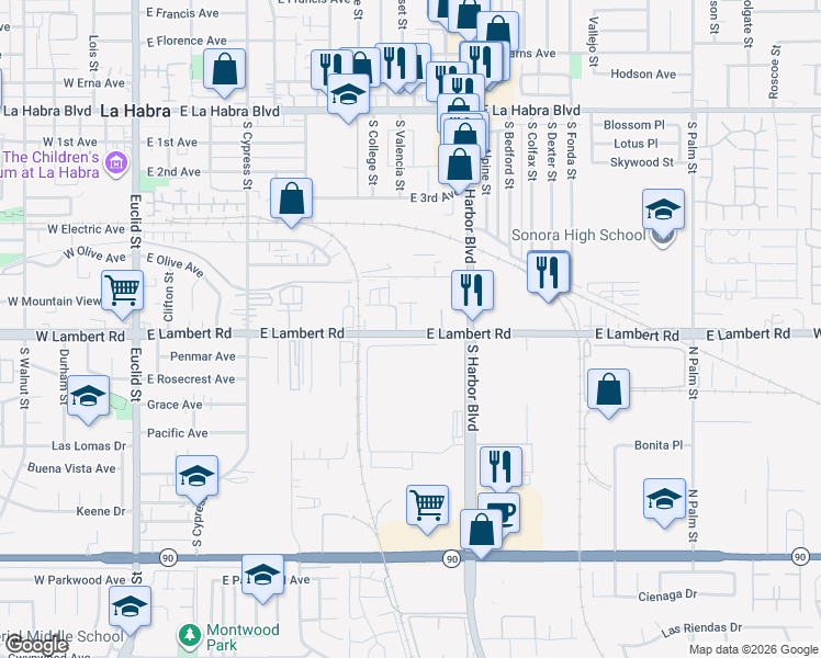 map of restaurants, bars, coffee shops, grocery stores, and more near 1001 East Lambert Road in La Habra