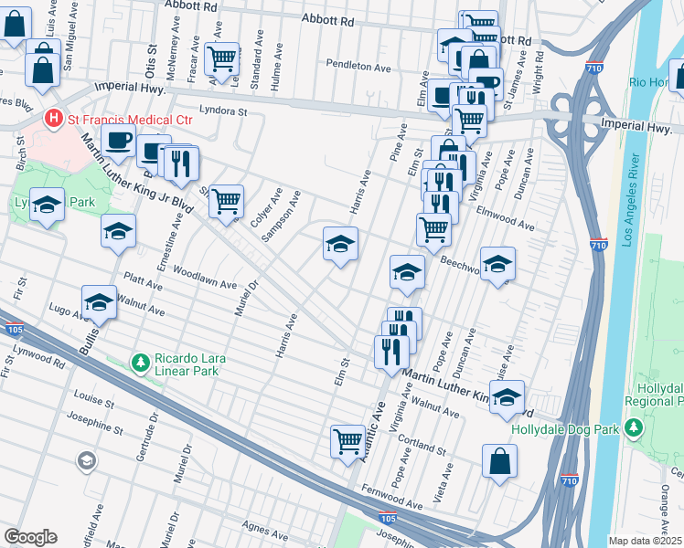 map of restaurants, bars, coffee shops, grocery stores, and more near 4225 Sanborn Avenue in Lynwood