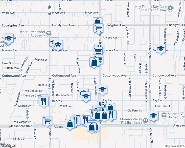 map of restaurants, bars, coffee shops, grocery stores, and more near 24926 Cottonwood Avenue in Moreno Valley