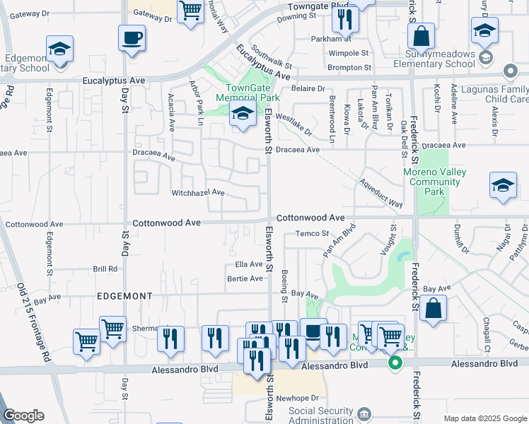 map of restaurants, bars, coffee shops, grocery stores, and more near 13490 Hawthorn Avenue in Moreno Valley