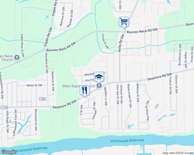 map of restaurants, bars, coffee shops, grocery stores, and more near 2444 Mackerel St SW in Brunswick