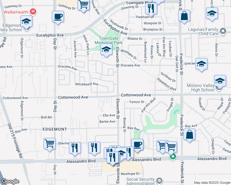 map of restaurants, bars, coffee shops, grocery stores, and more near 13490 Hawthorn Avenue in Moreno Valley