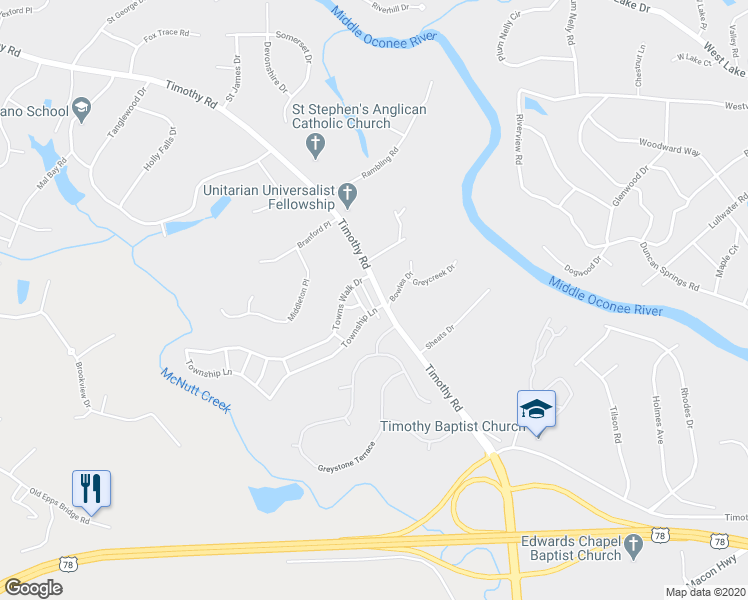 map of restaurants, bars, coffee shops, grocery stores, and more near 655 Timothy Road in Athens