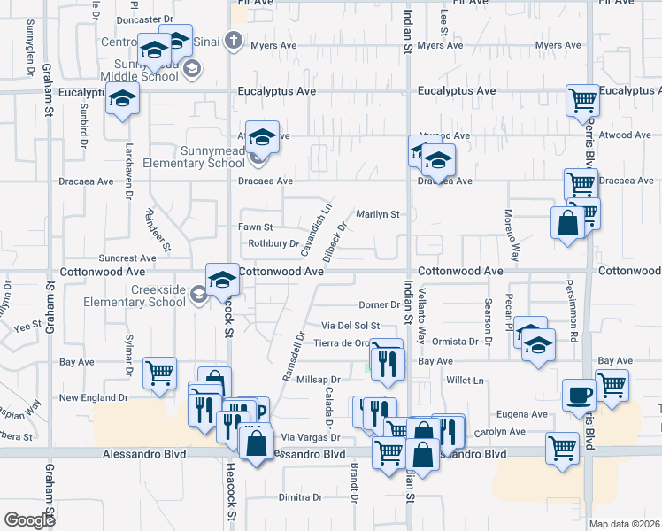 map of restaurants, bars, coffee shops, grocery stores, and more near 13408 Dilbeck Drive in Moreno Valley