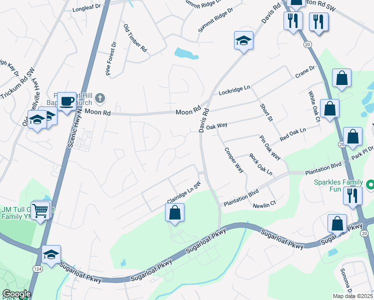 map of restaurants, bars, coffee shops, grocery stores, and more near 647 New England Way in Lawrenceville