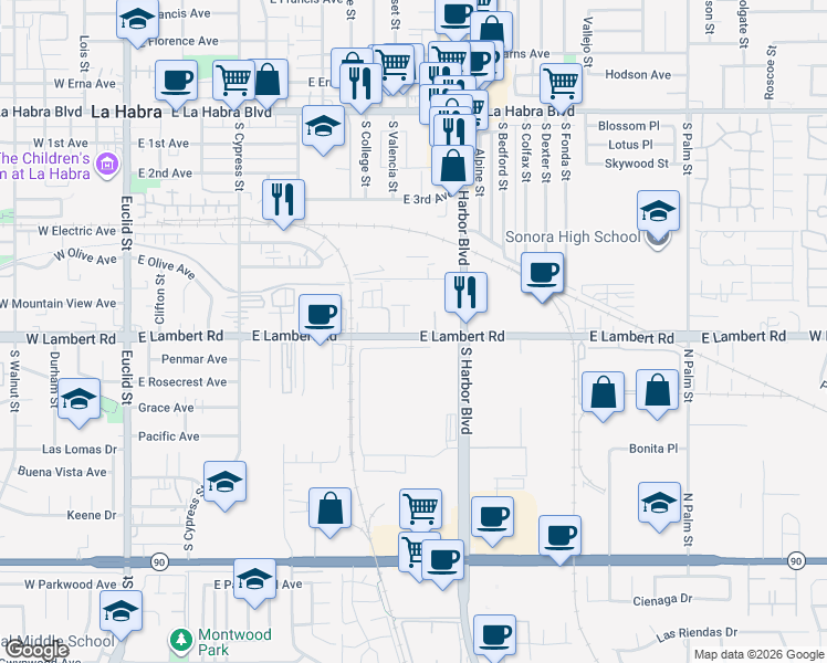 map of restaurants, bars, coffee shops, grocery stores, and more near 1001 East Lambert Road in La Habra