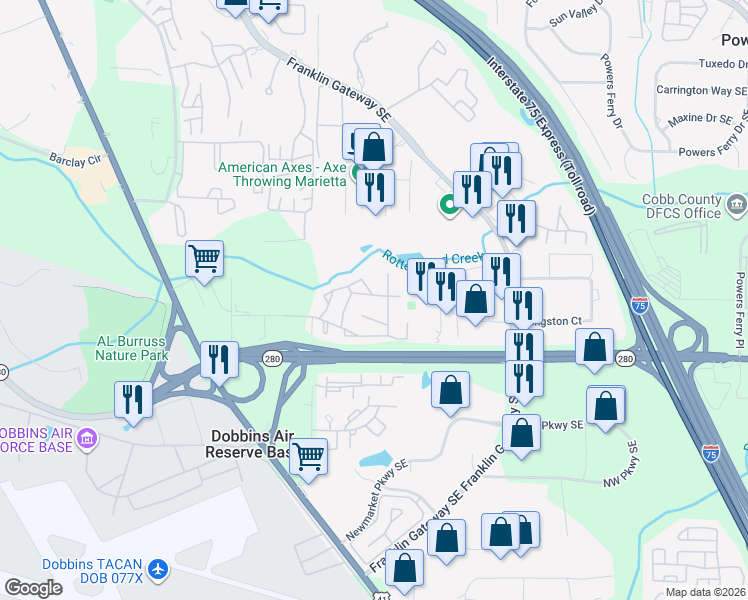 map of restaurants, bars, coffee shops, grocery stores, and more near 1814 Ashborough Circle in Marietta