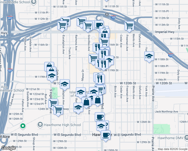 map of restaurants, bars, coffee shops, grocery stores, and more near 11924 Grevillea Avenue in Hawthorne