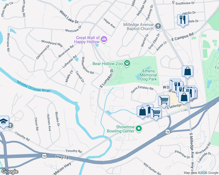 map of restaurants, bars, coffee shops, grocery stores, and more near 131 Sleepy Creek Drive in Athens