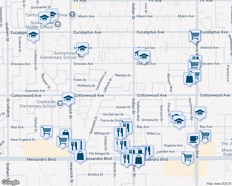 map of restaurants, bars, coffee shops, grocery stores, and more near 24427 Oneida Street in Moreno Valley