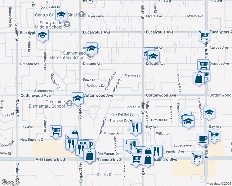 map of restaurants, bars, coffee shops, grocery stores, and more near 13408 Dilbeck Drive in Moreno Valley