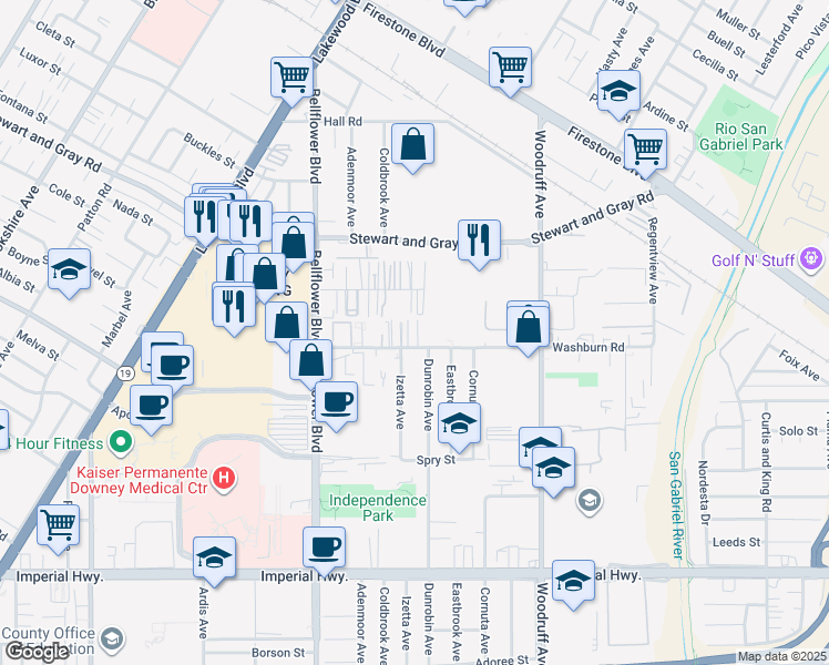 map of restaurants, bars, coffee shops, grocery stores, and more near 9332 Elm Vista Drive in Downey