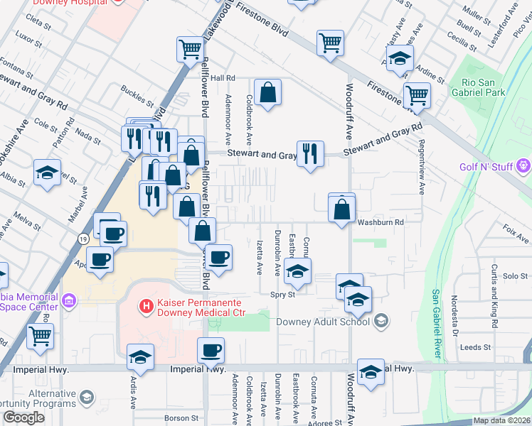 map of restaurants, bars, coffee shops, grocery stores, and more near 9332 Elm Vista Drive in Downey