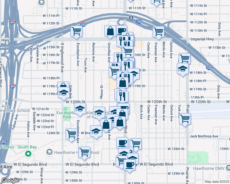 map of restaurants, bars, coffee shops, grocery stores, and more near 11924 Grevillea Avenue in Hawthorne