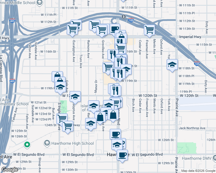 map of restaurants, bars, coffee shops, grocery stores, and more near 11924 Grevillea Avenue in Hawthorne