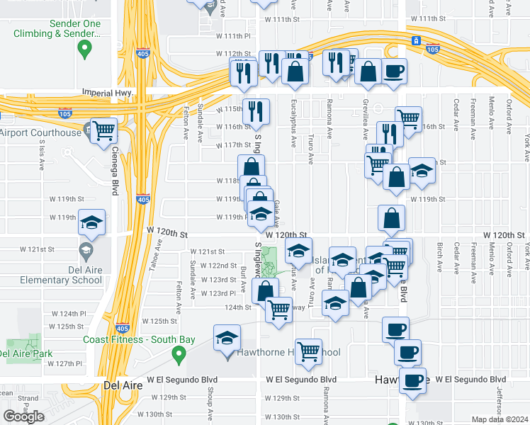 map of restaurants, bars, coffee shops, grocery stores, and more near 11901 Gale Avenue in Hawthorne