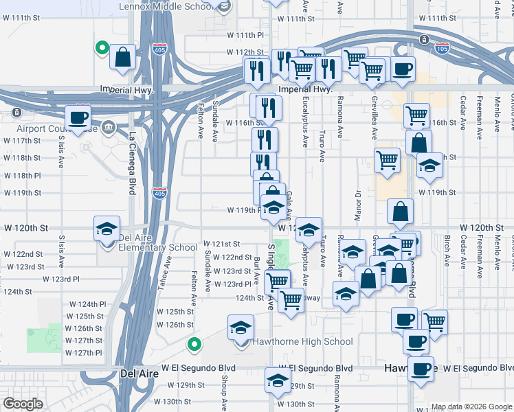 map of restaurants, bars, coffee shops, grocery stores, and more near 4821 West 119th Street in Hawthorne