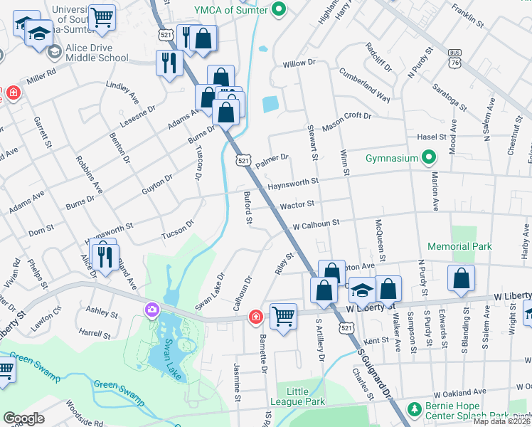 map of restaurants, bars, coffee shops, grocery stores, and more near 203 Wactor Street in Sumter