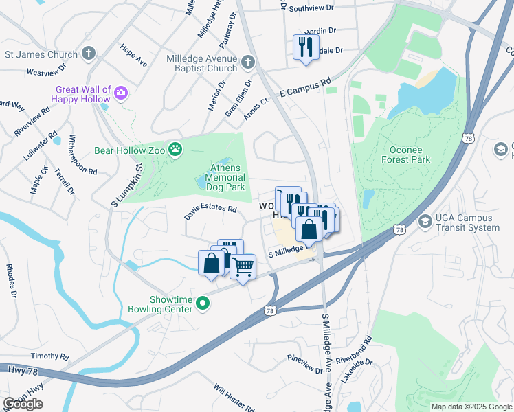 map of restaurants, bars, coffee shops, grocery stores, and more near 584 Woodland Hills Drive in Athens