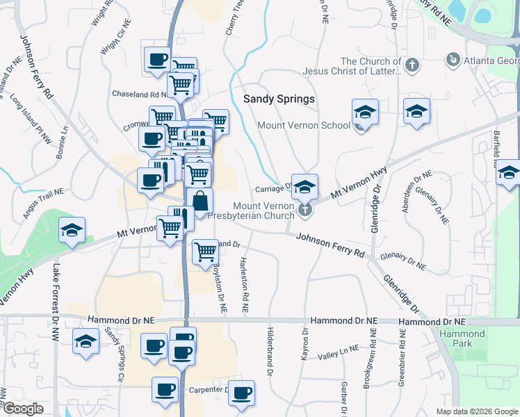 map of restaurants, bars, coffee shops, grocery stores, and more near 6239 Hunting Creek Road Northeast in Atlanta