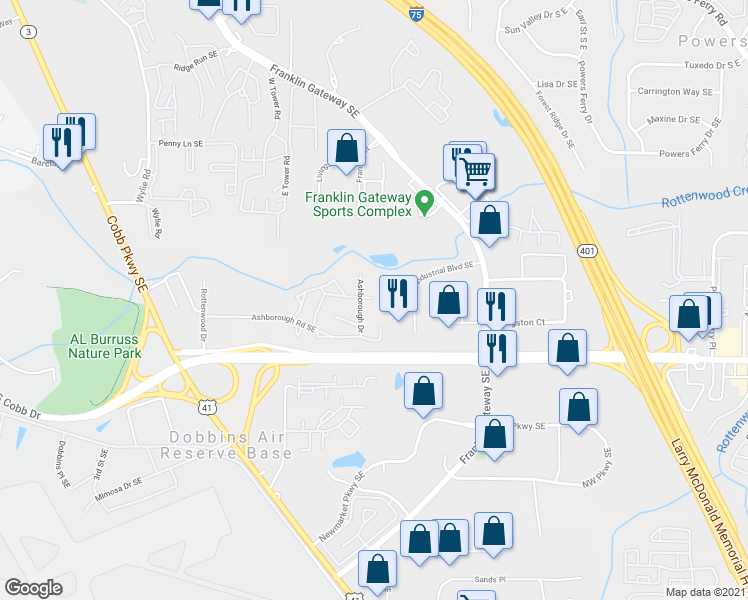 map of restaurants, bars, coffee shops, grocery stores, and more near 1982 Delk Industrial Boulevard Southeast in Marietta