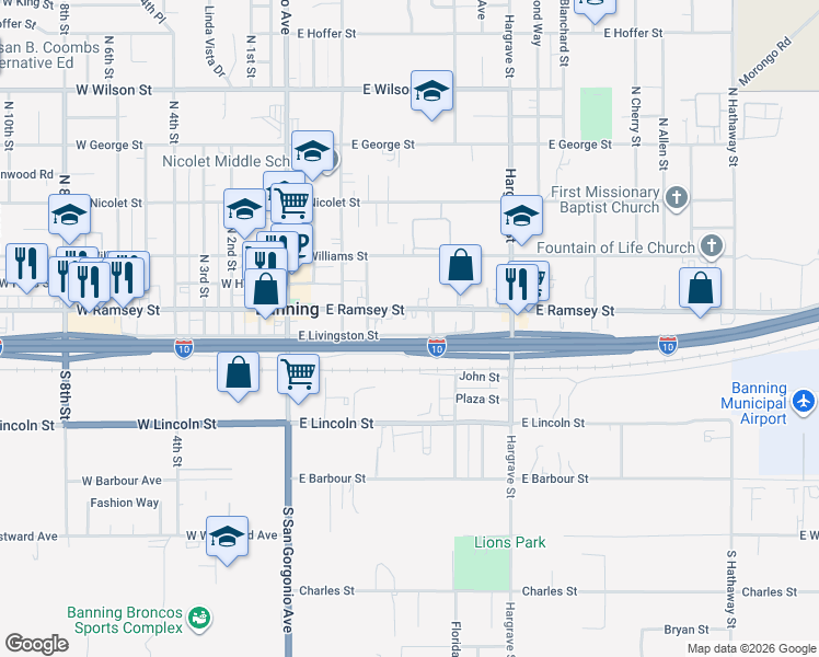 map of restaurants, bars, coffee shops, grocery stores, and more near 433 East Livingston Street in Banning