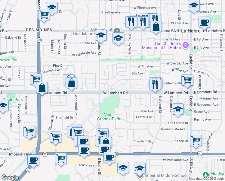map of restaurants, bars, coffee shops, grocery stores, and more near 1001 West Lambert Road in La Habra