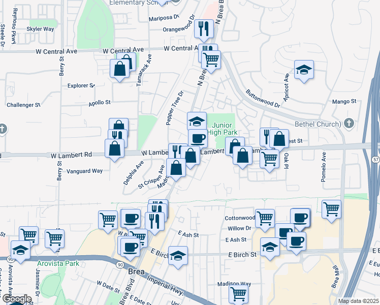 map of restaurants, bars, coffee shops, grocery stores, and more near N Brea Blvd & W Lambert Rd in Brea