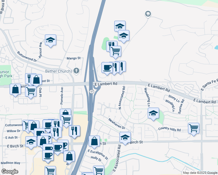map of restaurants, bars, coffee shops, grocery stores, and more near 1800 East Lambert Road in Brea