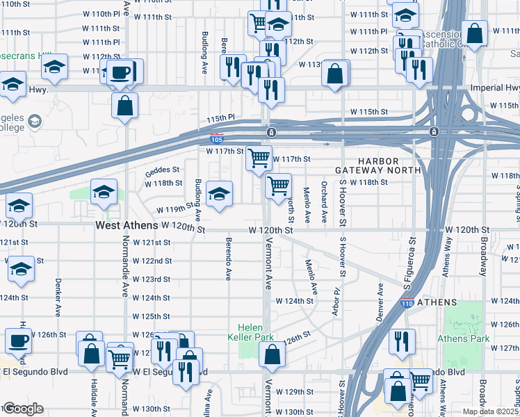 map of restaurants, bars, coffee shops, grocery stores, and more near 11911 South Vermont Avenue in Los Angeles