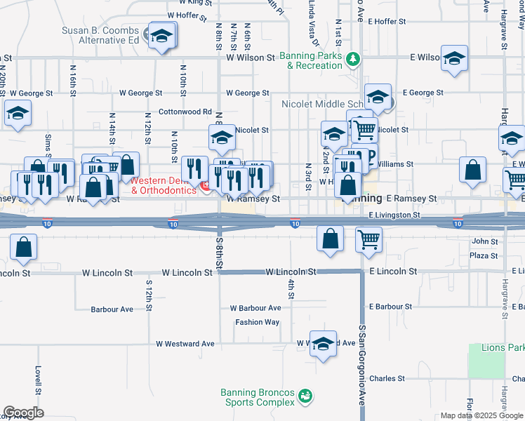 map of restaurants, bars, coffee shops, grocery stores, and more near 579 West Livingston Street in Banning