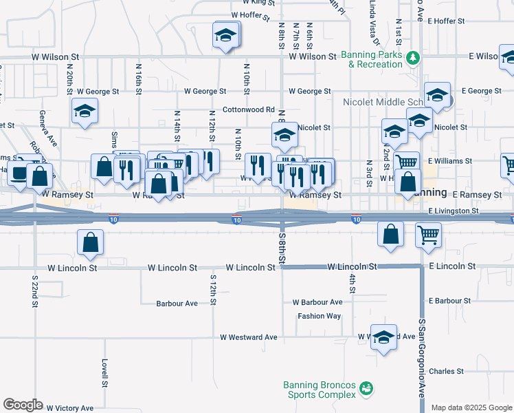 map of restaurants, bars, coffee shops, grocery stores, and more near 991 West Ramsey Street in Banning